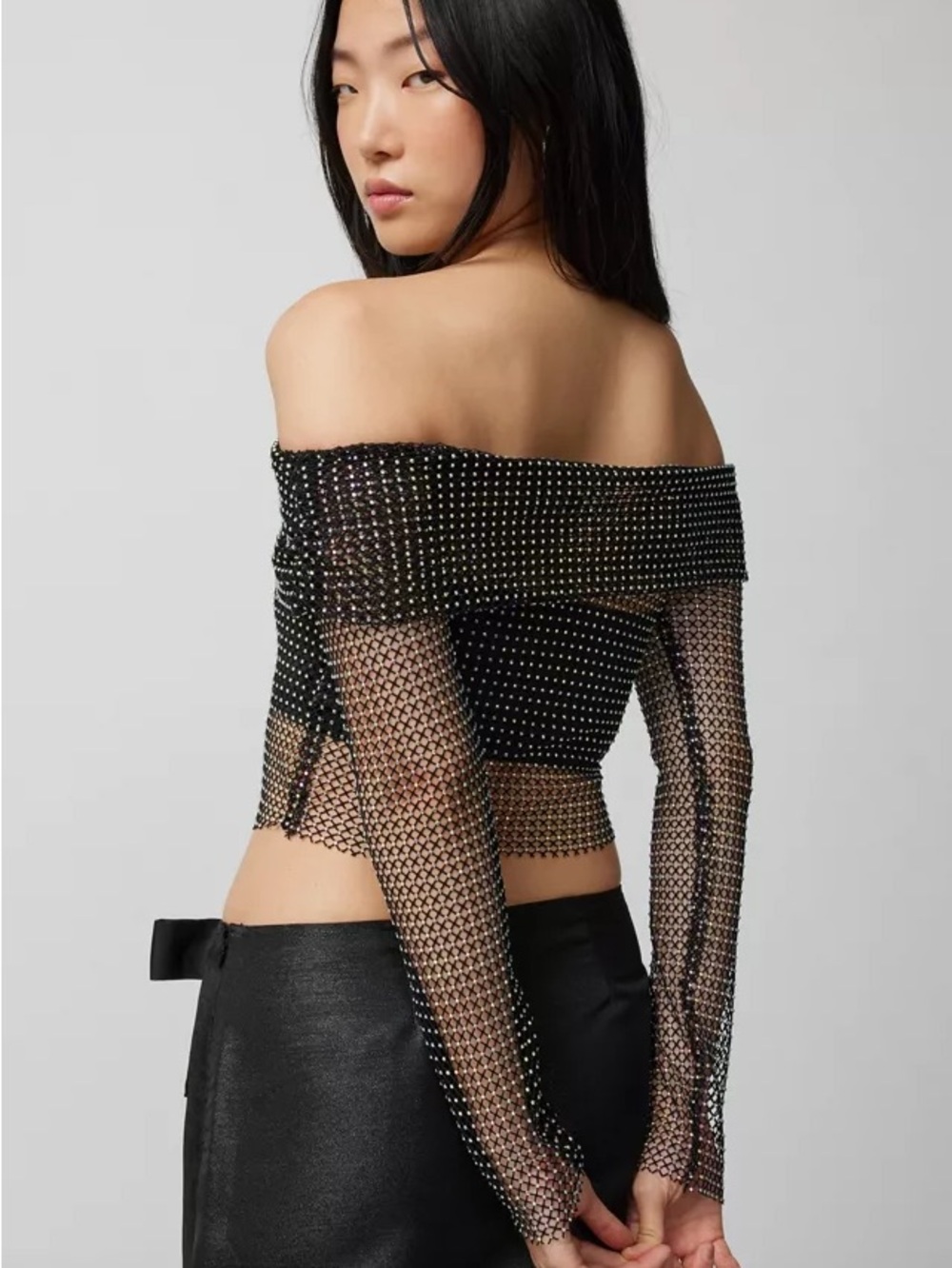 Urban Outfitters Sheer Off-Shoulder Black Rhinestone Long-Sleeve Top